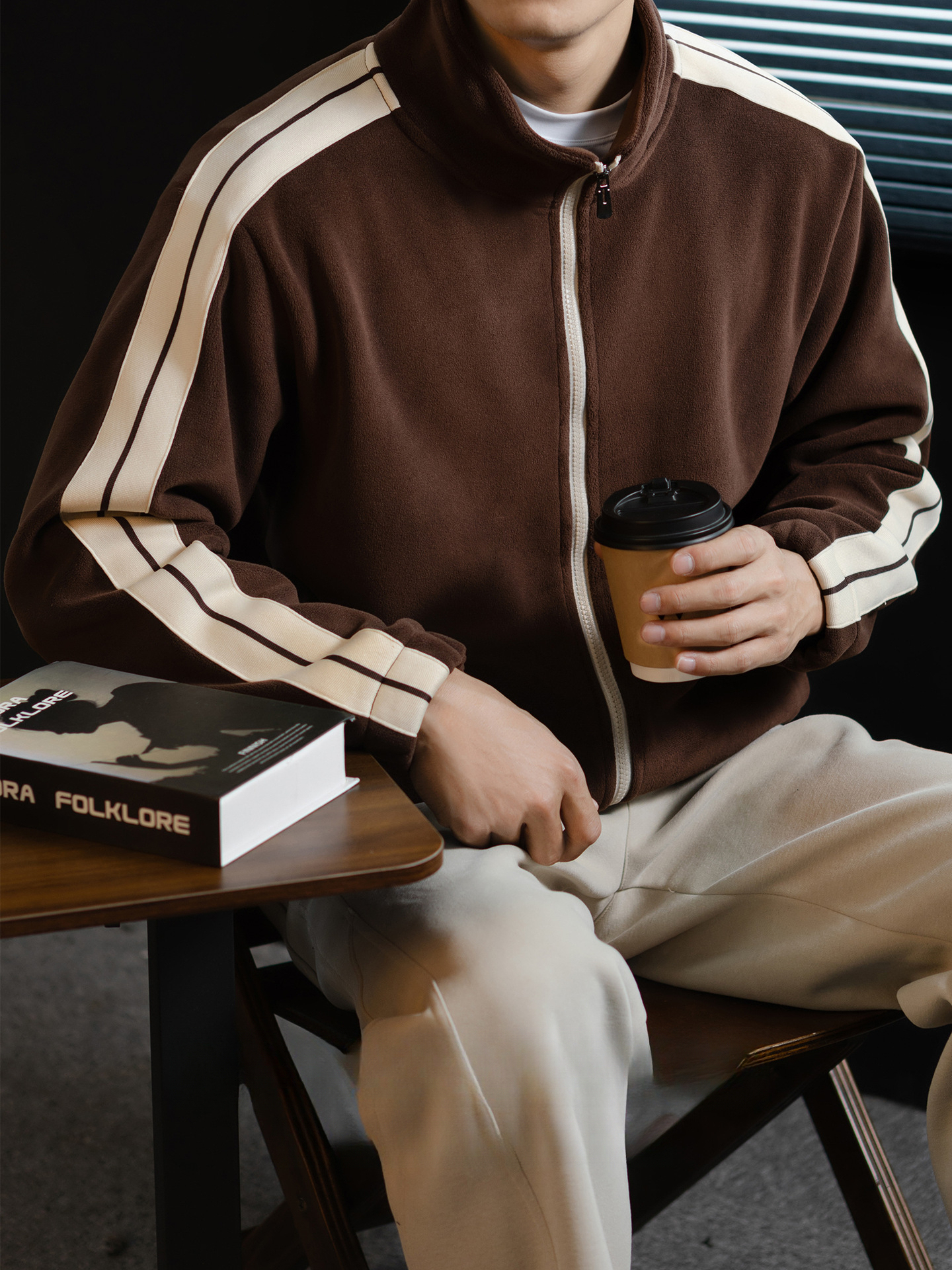 【静奢体感】四层锁棉撞色条纹立领男士外套冬季加厚双面绒夹克衫