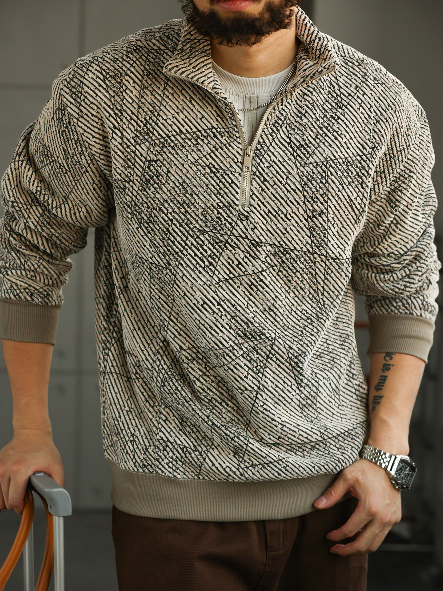 【局外着装】轻奢提花长袖POLO衫男士半拉链翻领针织卫衣