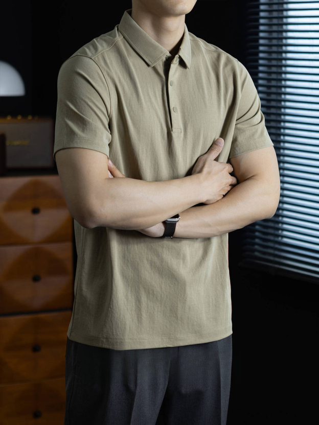 「無印極簡風」萊賽爾亞麻半開襟POLO衫男士夏季乾爽透氣短袖t桖