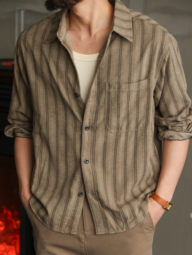 復古條紋銅氨絨抗皺長袖襯衫男夏秋季寬鬆休閒襯衣外套