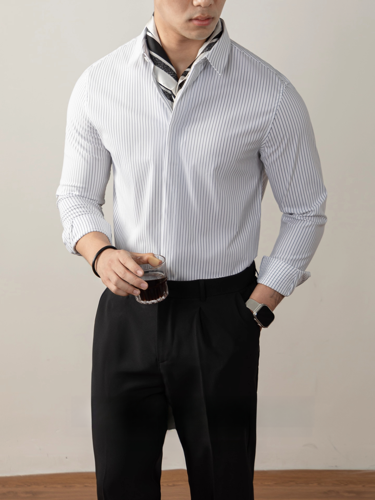 SLIMVERT【纖直紋】高端襯衫男長袖豎條紋隱藏式暗釦商務免燙顯瘦