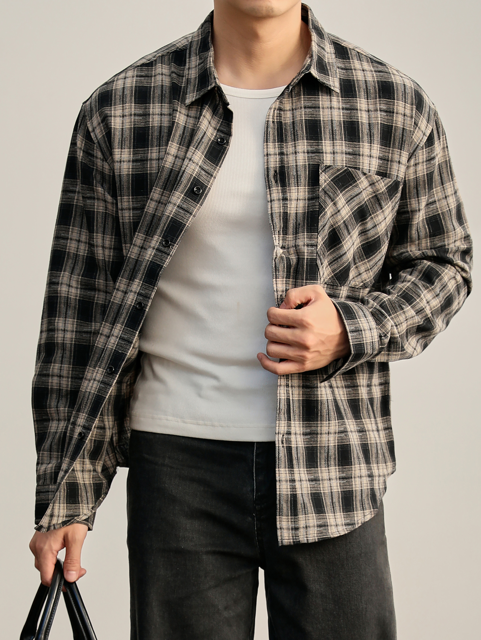 秋季美式復古長袖撞色格紋襯衫男士古着慵懶風100%純棉襯衣