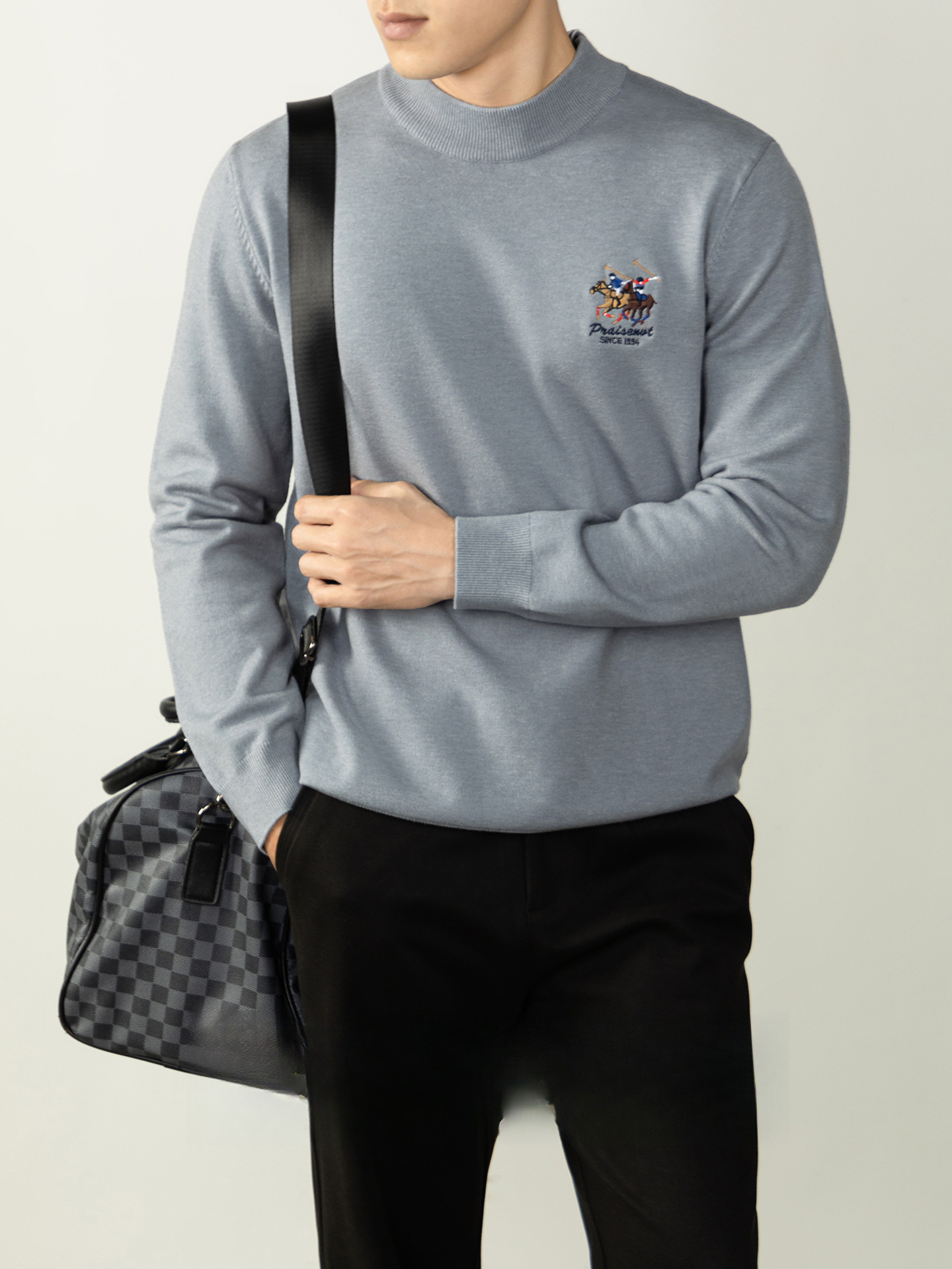 【羊毛莫代爾】馬球刺繡加厚毛衣男冬季保暖半高領舒適打底針織衫