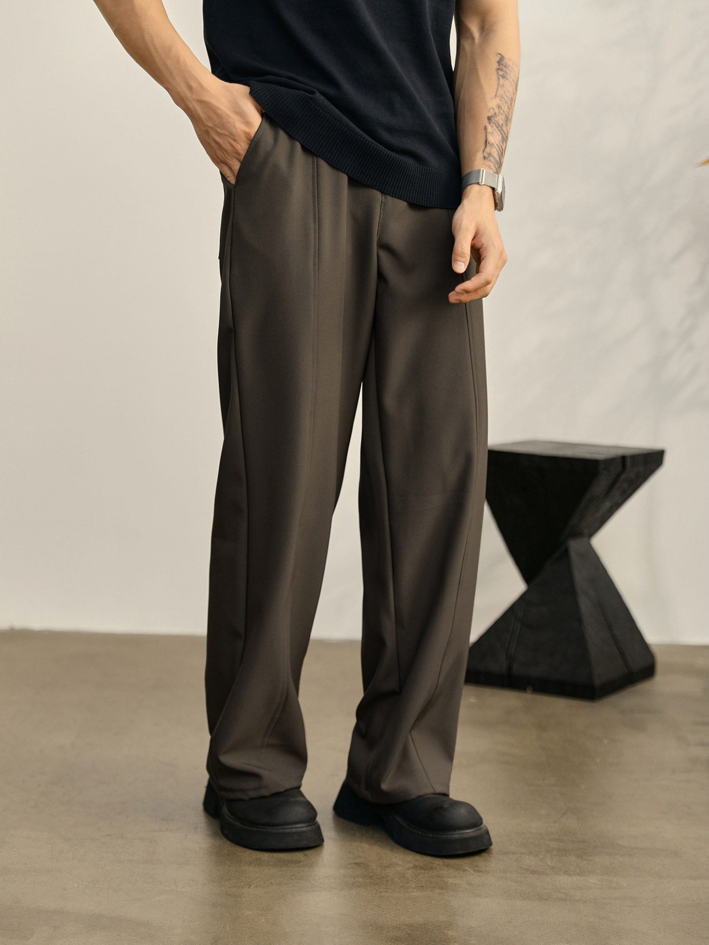 垂墜線條感休閒男士小西褲經典直筒闊腿褲半鬆緊腰免燙長褲