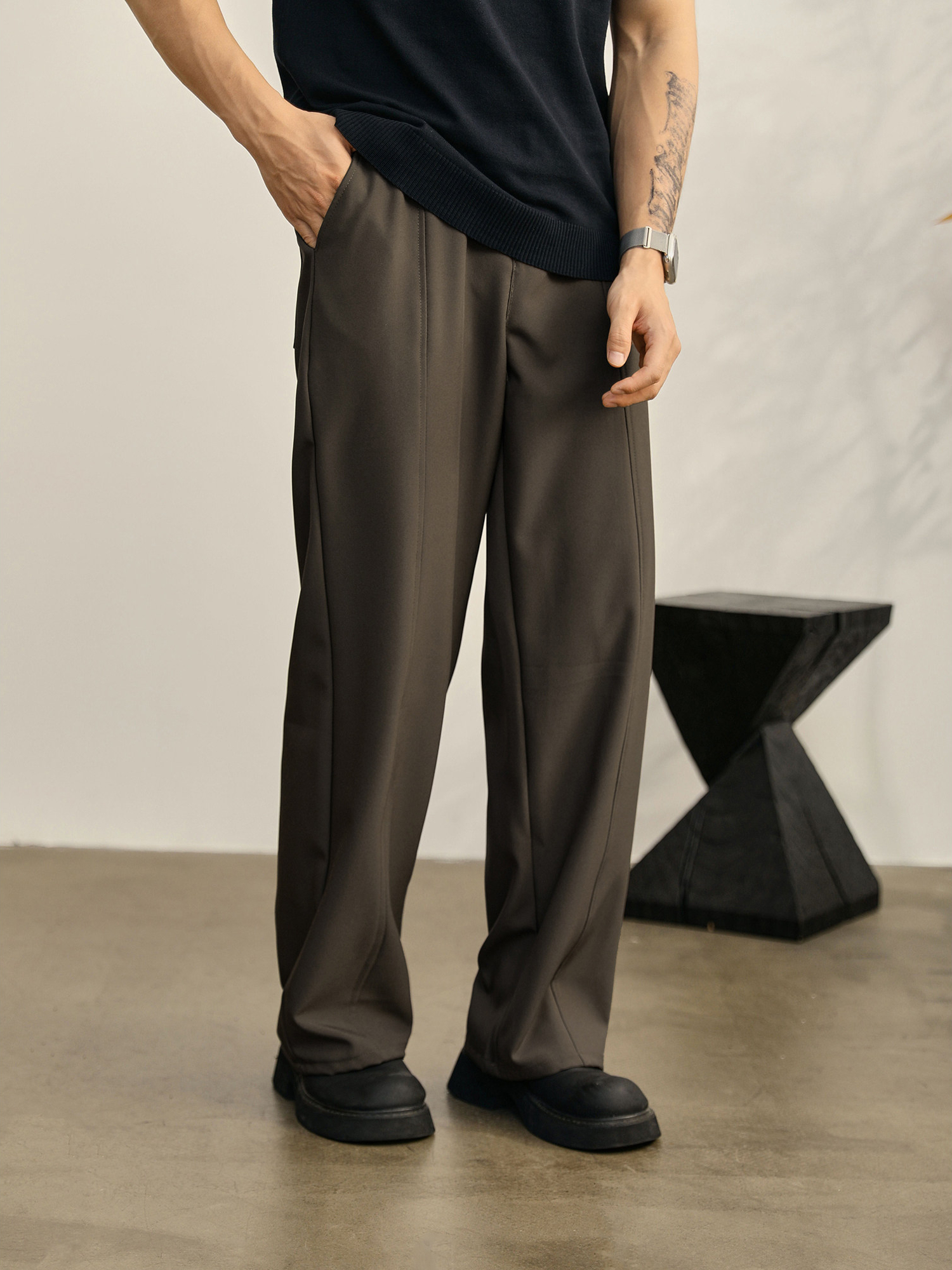 垂墜線條感休閒男士小西褲經典直筒闊腿褲半鬆緊腰免燙長褲