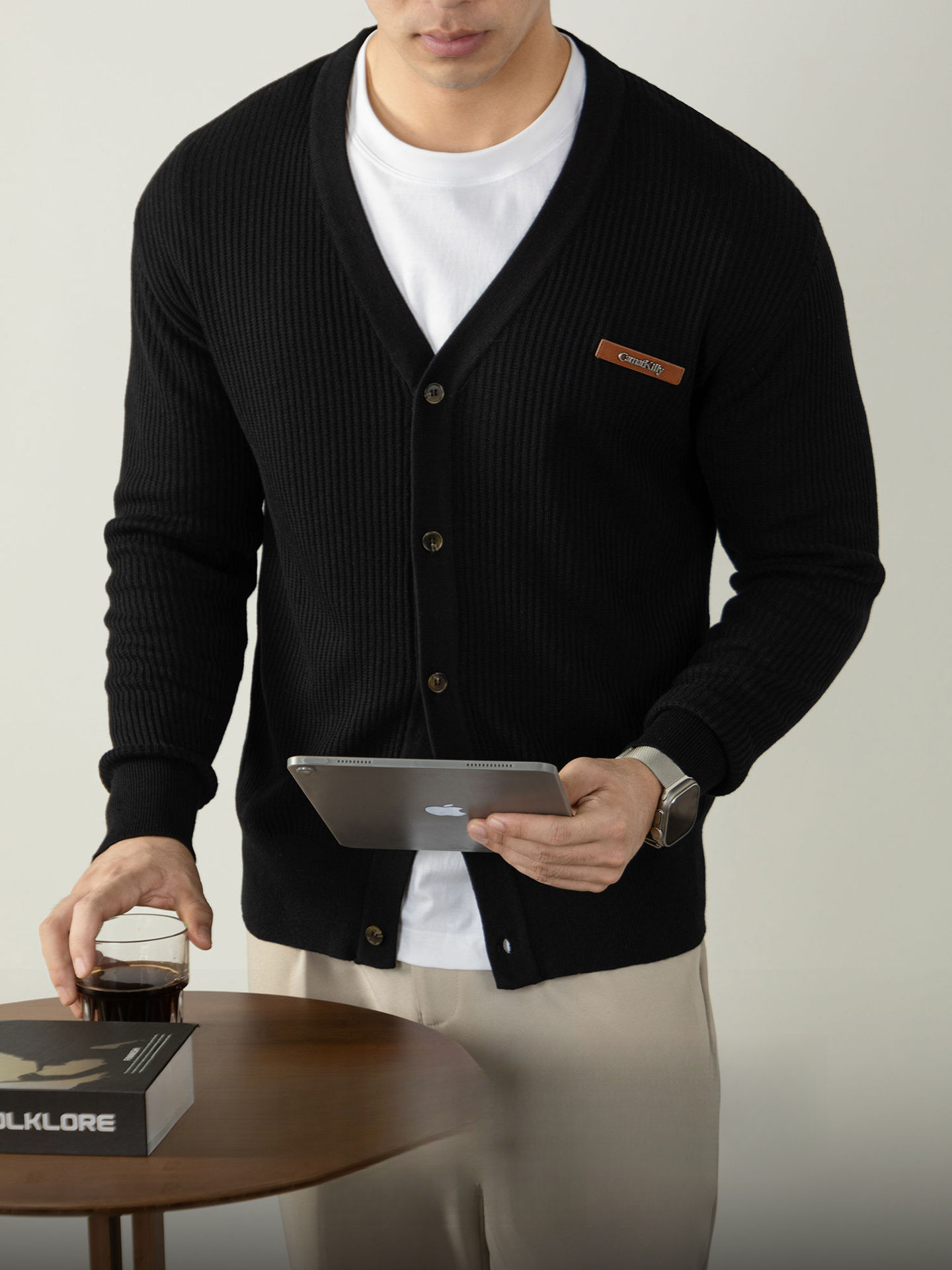 復古植鞣皮標針織衫12針精紡豎紋男士開衫毛衣秋冬通勤高級不撞款