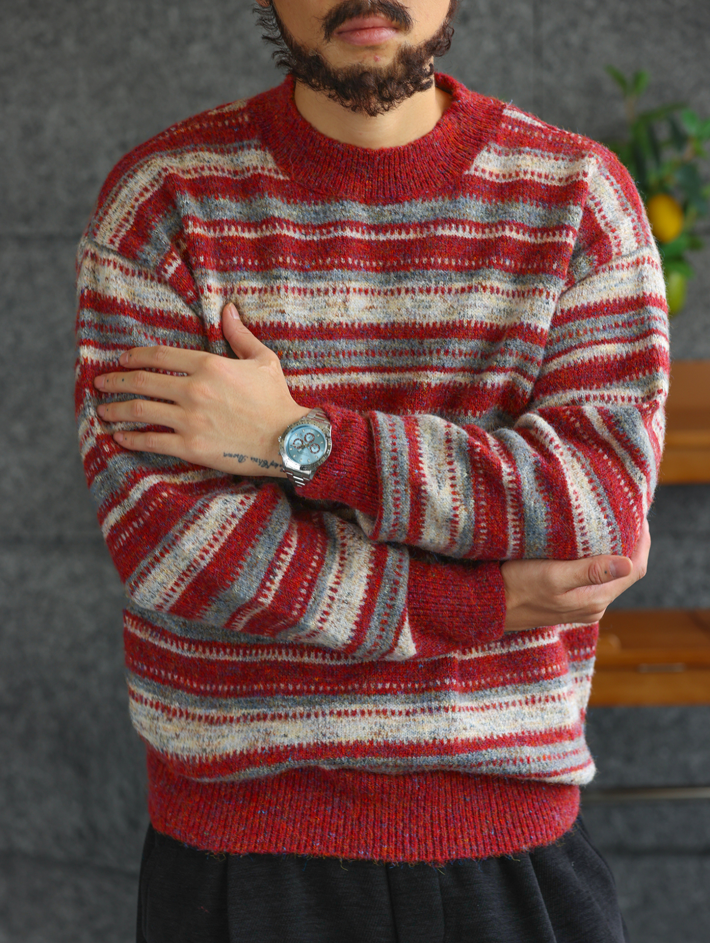 【冬牧場】質感條紋圓領毛衣男士秋冬慵懶休閒打底針織衫