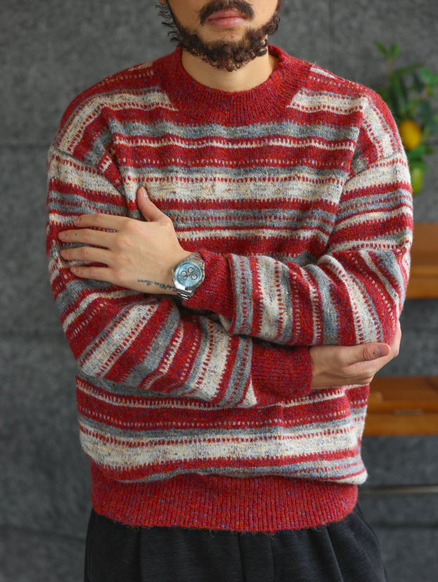 【冬牧場】質感條紋圓領毛衣男士秋冬慵懶休閒打底針織衫