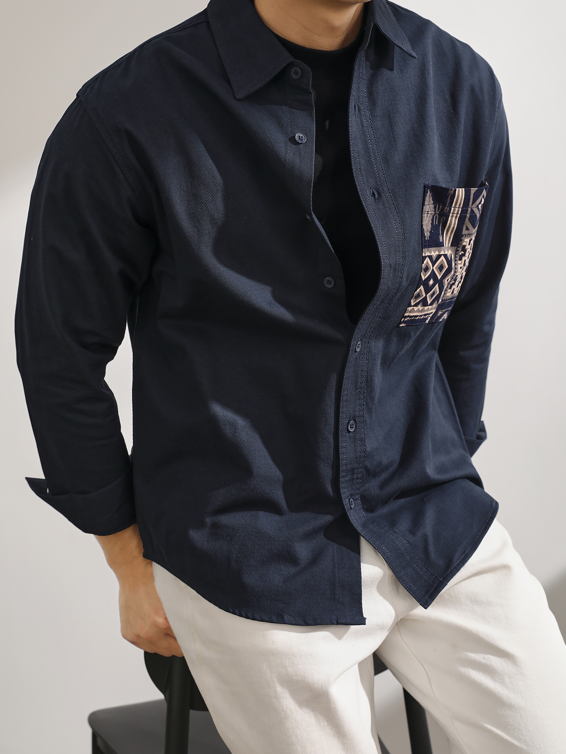 純棉斜紋拼接民族風口袋長袖襯衫男潮流痞帥小襯衣外套