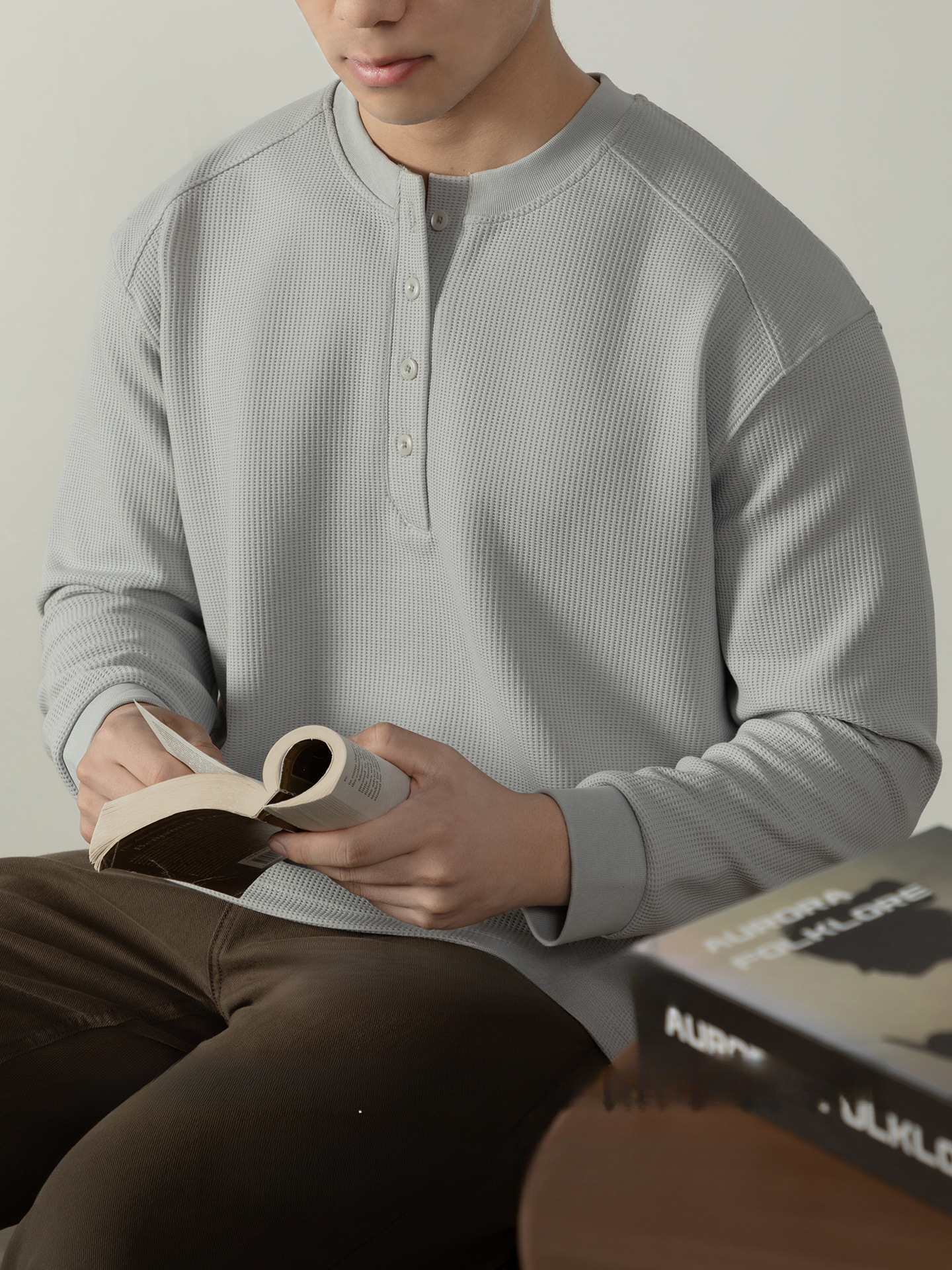 【CD精英系列】輕奢棉感400G華夫格亨利領T桖男款秋季通勤打底衫