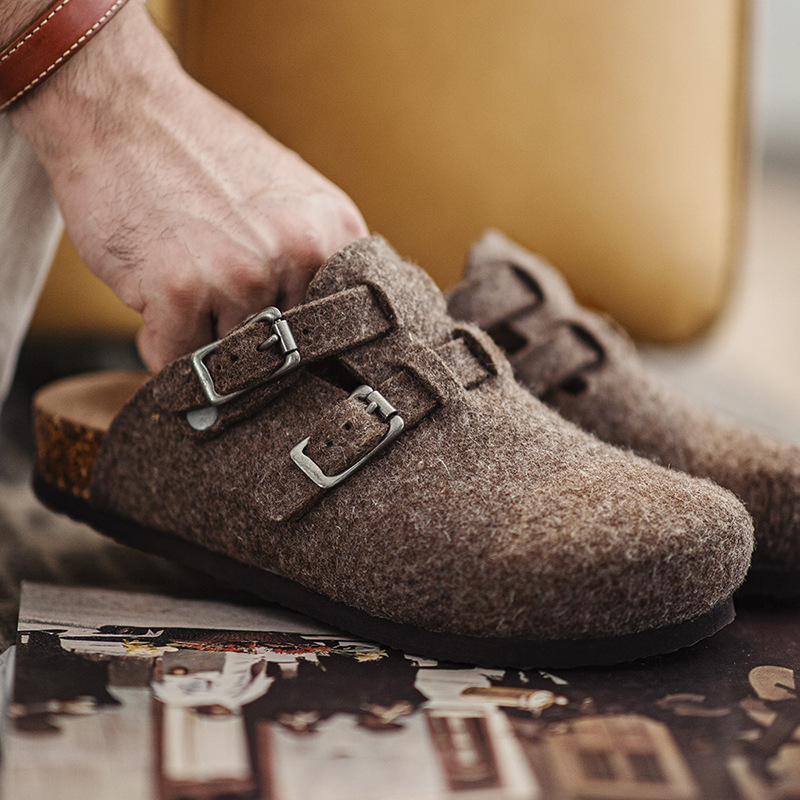 马登工装 羊毛毡穆勒鞋秋冬加厚新款男休闲一脚蹬外穿软木底包头半拖鞋-Retro's Wear