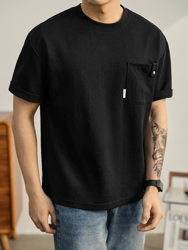 夏季新款胸口貼袋純色淨版短袖T恤衫男士圓領氣質潮流體恤衫