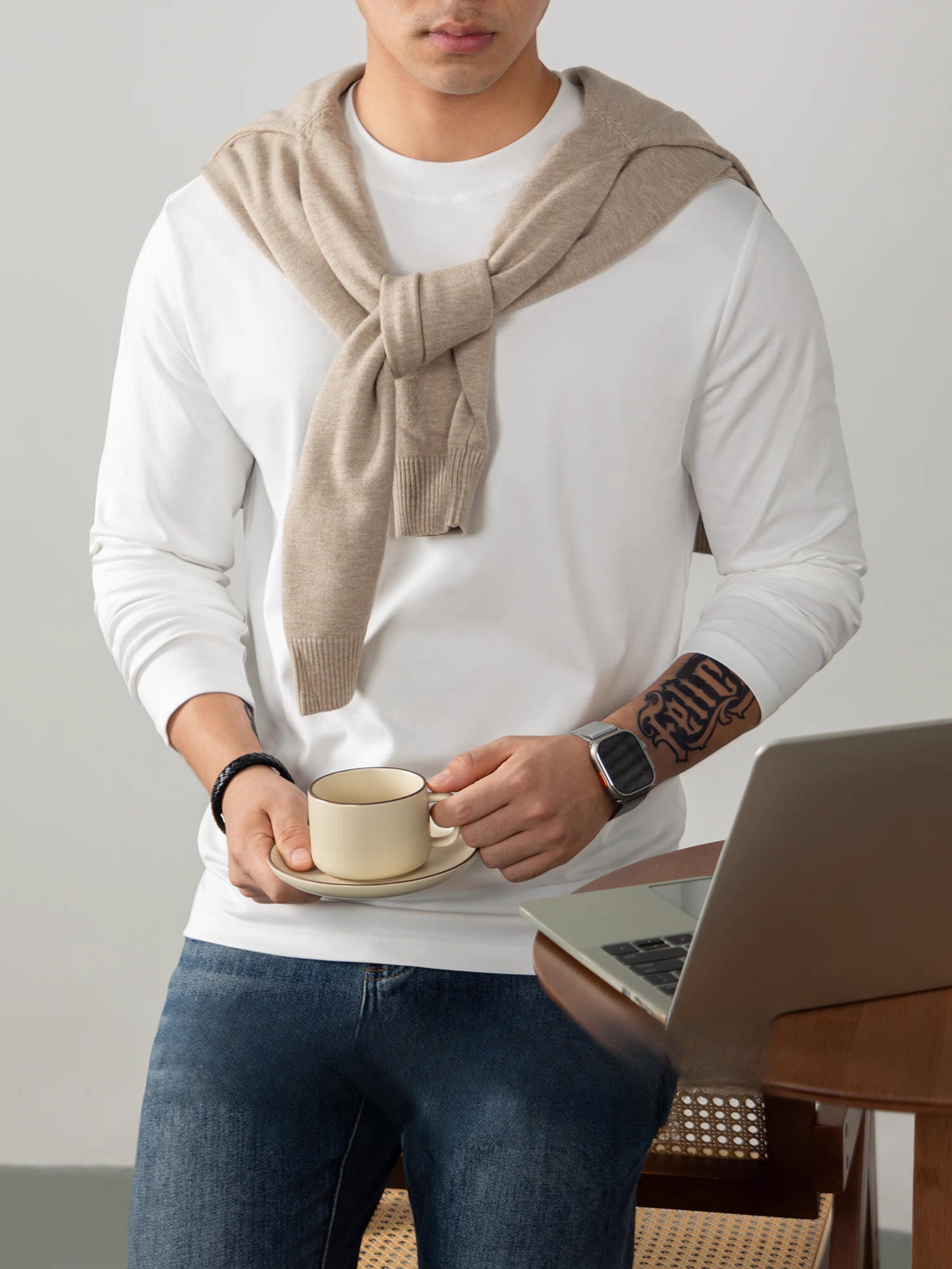 Cloudweave雲感液氨絲光棉長袖T恤男打底衫秋冬純白色親膚高級感