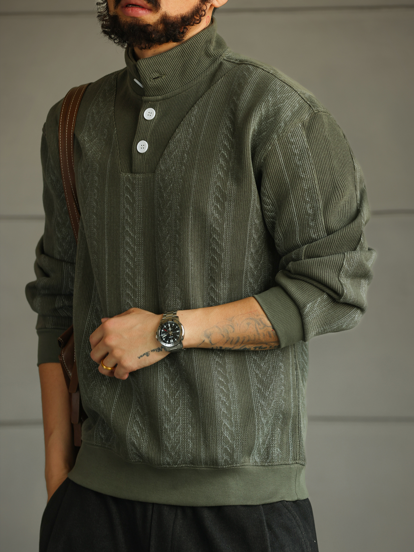 【南法時光】設計感半排扣立領POLO衫男寬鬆休閒套頭衛衣