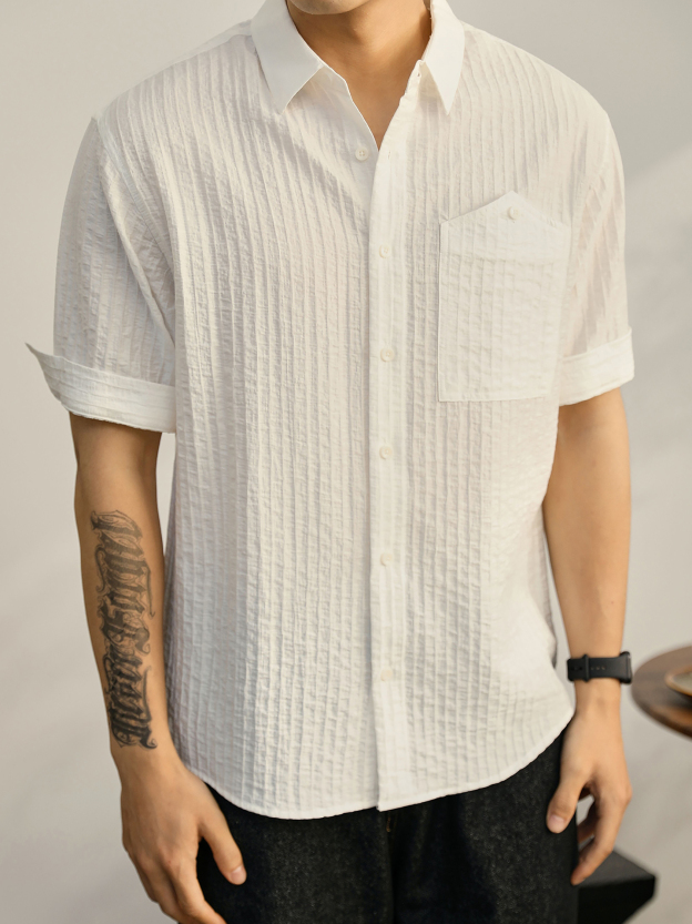 時尚潮流帥氣單穿襯衫男萊賽爾透氣襯衣泡泡肌理感紋理短袖