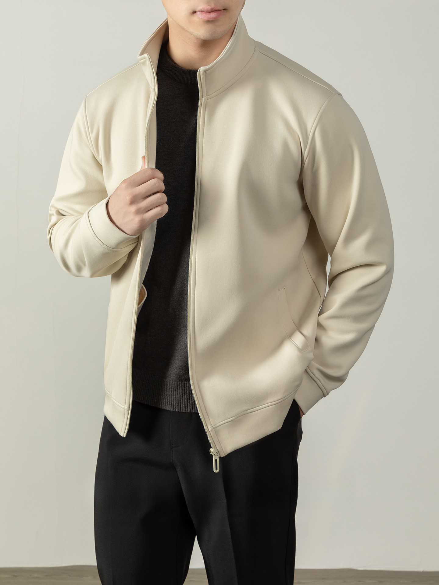 【400G重磅棉感】輕熟風厚款拉鍊外套男士商務純色秋冬立領夾克衫