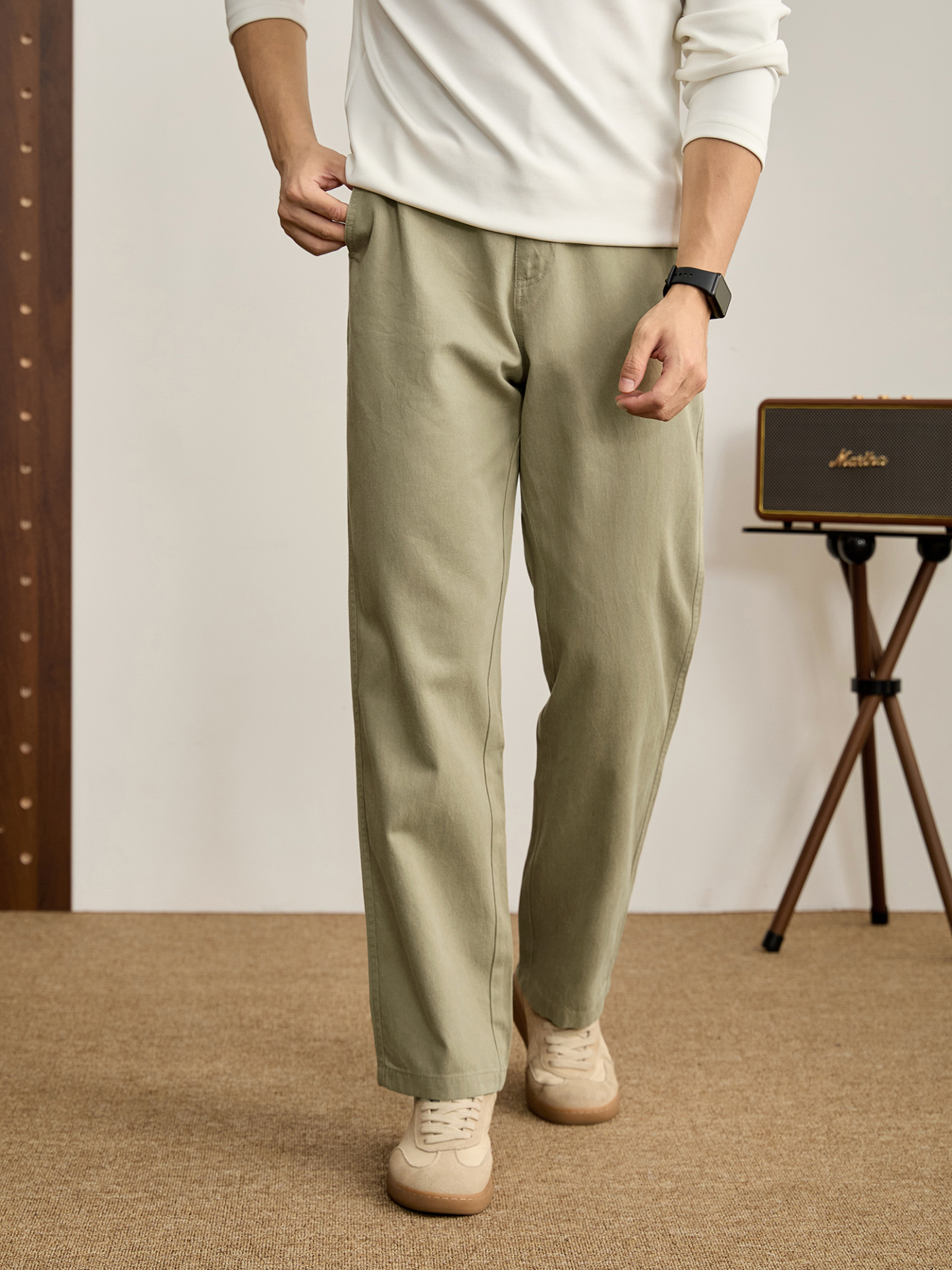 奢華紳士直筒男士半鬆緊腰休閒褲萊賽爾天絲棉混紡垂感長褲