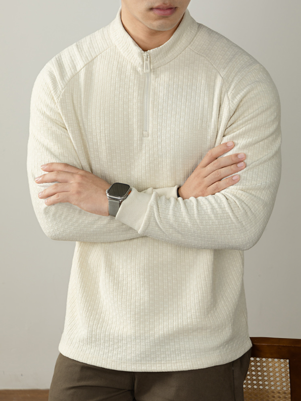 【羊毛X桑蠶絲】隱奢質感衛衣男長袖打底衫高端商務提花拉鍊立領