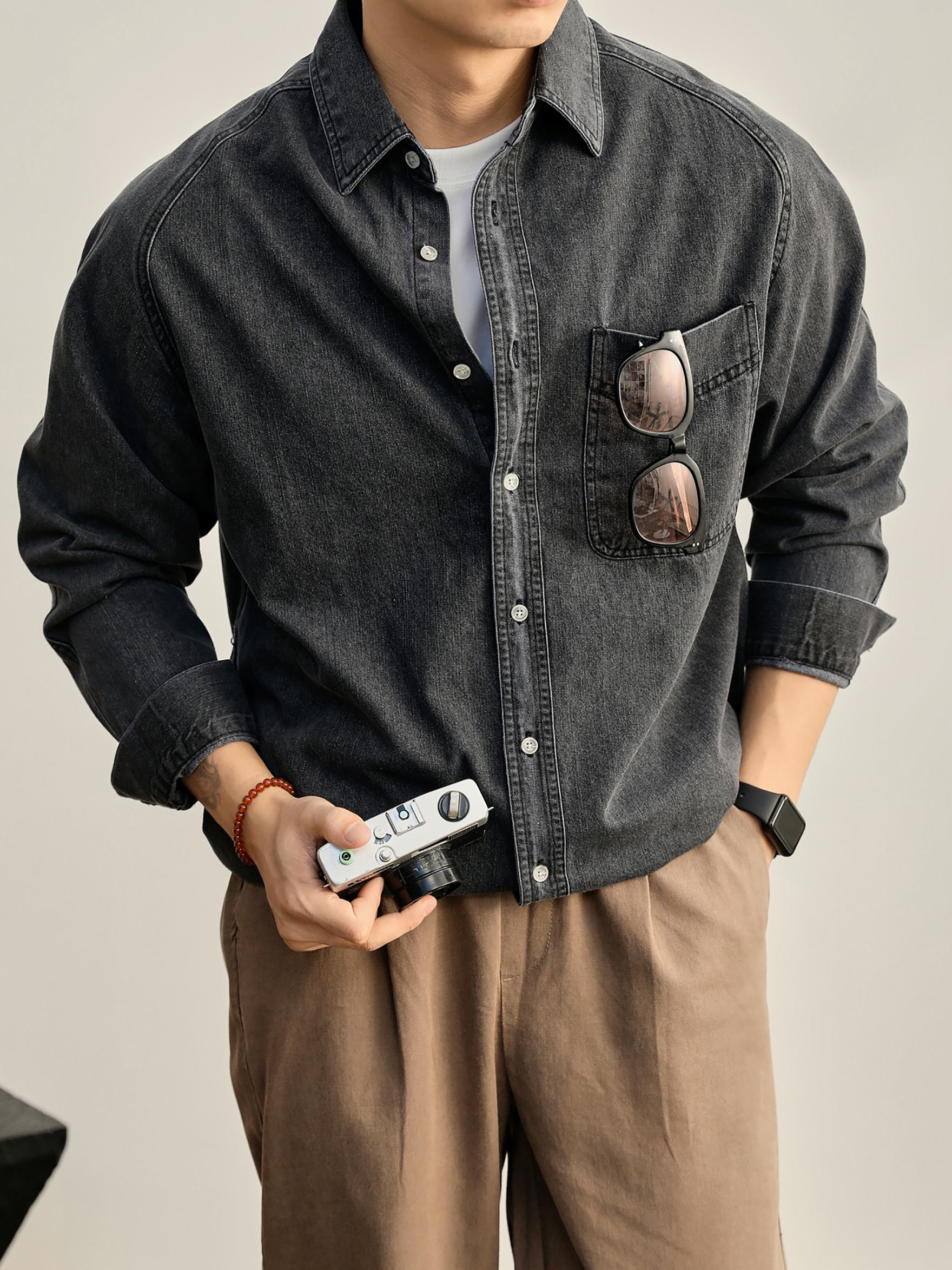 插肩袖洗水棉重磅280g牛仔襯衫男輯明線貼布口袋長袖小外套