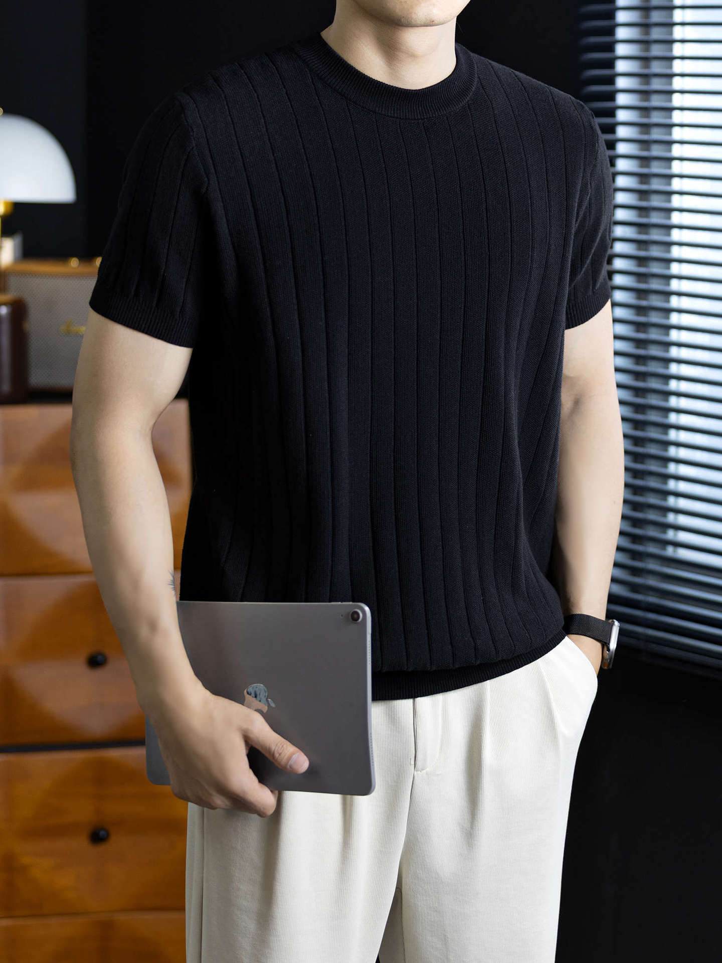 輕熟復古垂感坑條針織衫短袖男T恤夏季高端商務休閒薄款質感上衣