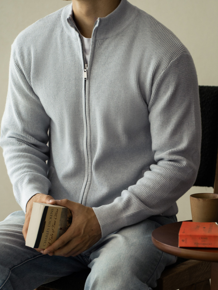 抗起球肌理男針織外套2025春外穿高領拉鍊休閒立領外套
