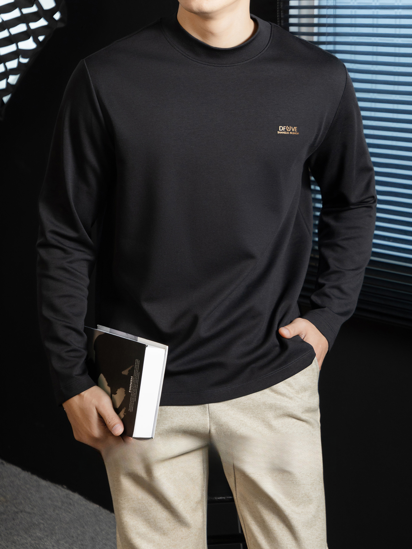 高定雲柔莫代爾棉T恤男士半高領秋冬輕熟商務打底衫垂感印花上衣