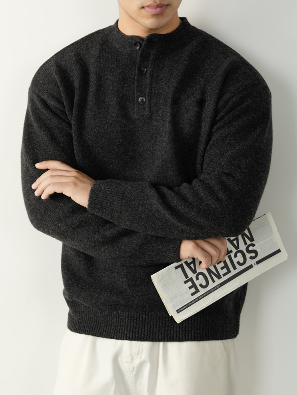 【慵懶隨性】亨利領寬鬆高級感毛衣男秋冬季厚款針織衫復古紳士風