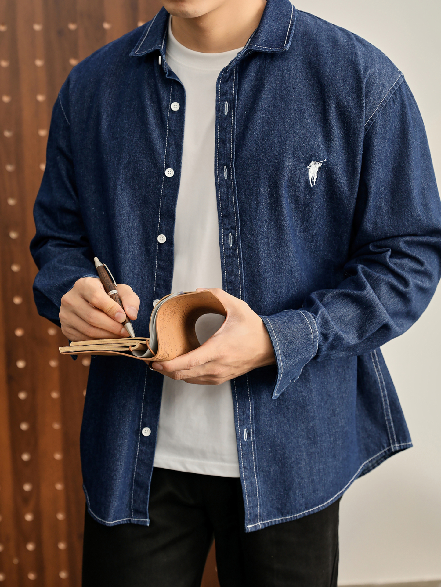 美式潮牌復古水洗做舊騎士刺繡100%純棉牛仔休閒長袖襯衫男