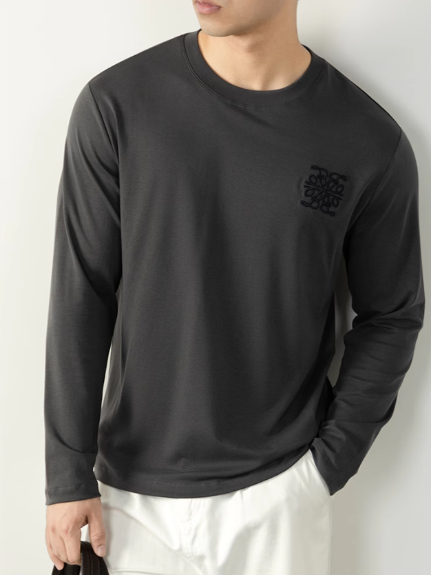 【80S高支萊賽爾】雙面液氨絲光長袖T恤男刺繡輕奢高端打底衫商務