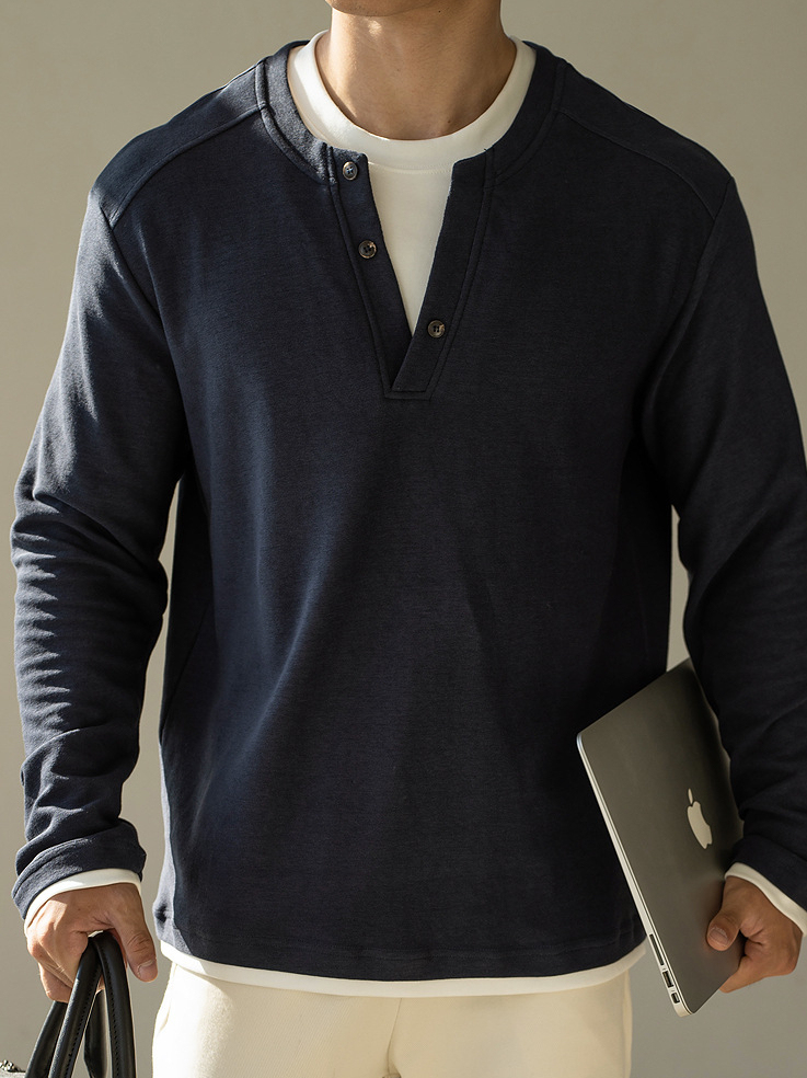 老錢風撞色V領手縫扣假兩件針織衫男2025年秋親膚休閒新款長袖T恤