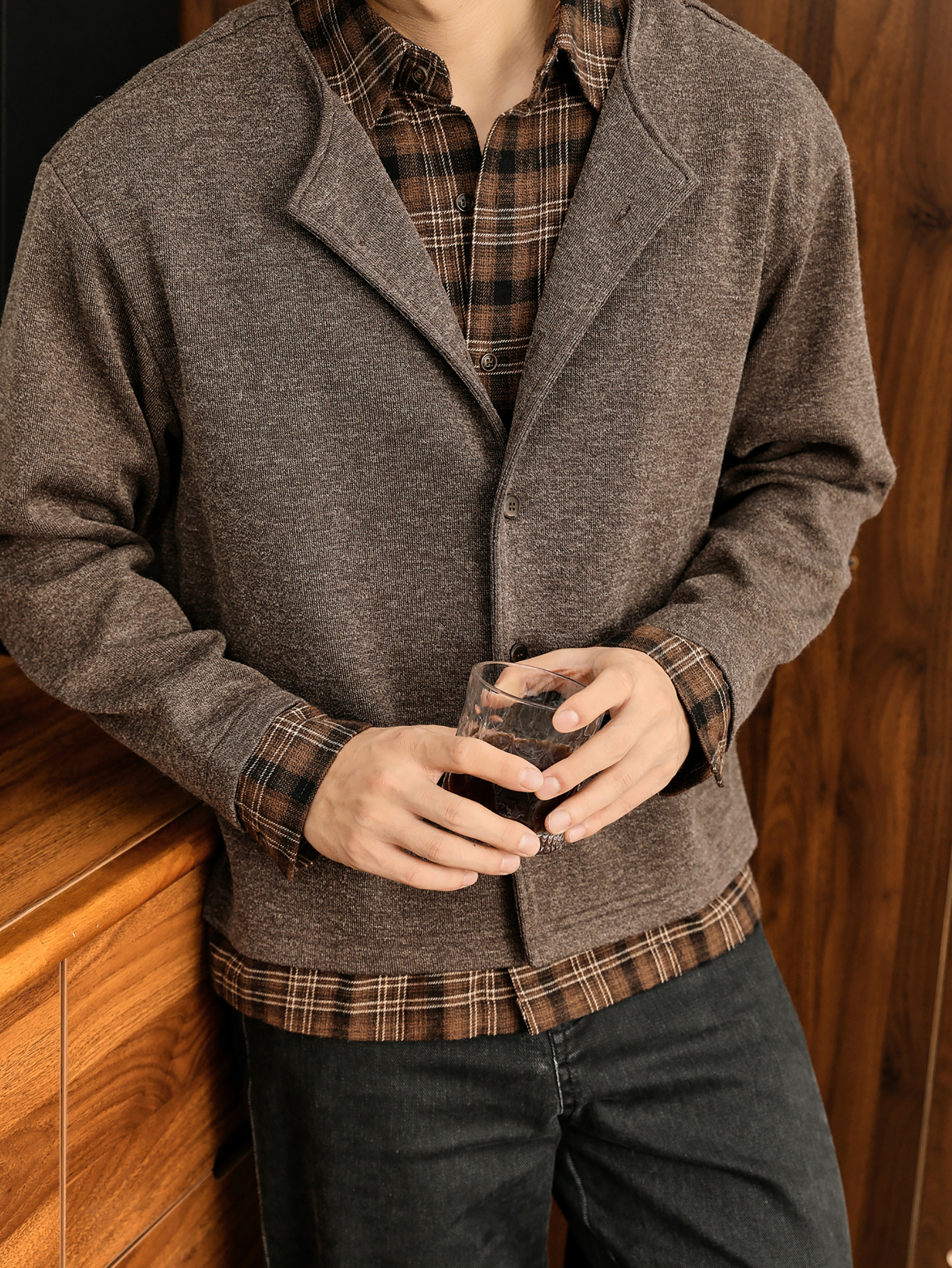 巴恩風假兩件格紋翻領針織外套開衫男100%純棉拼接雙領襯衫