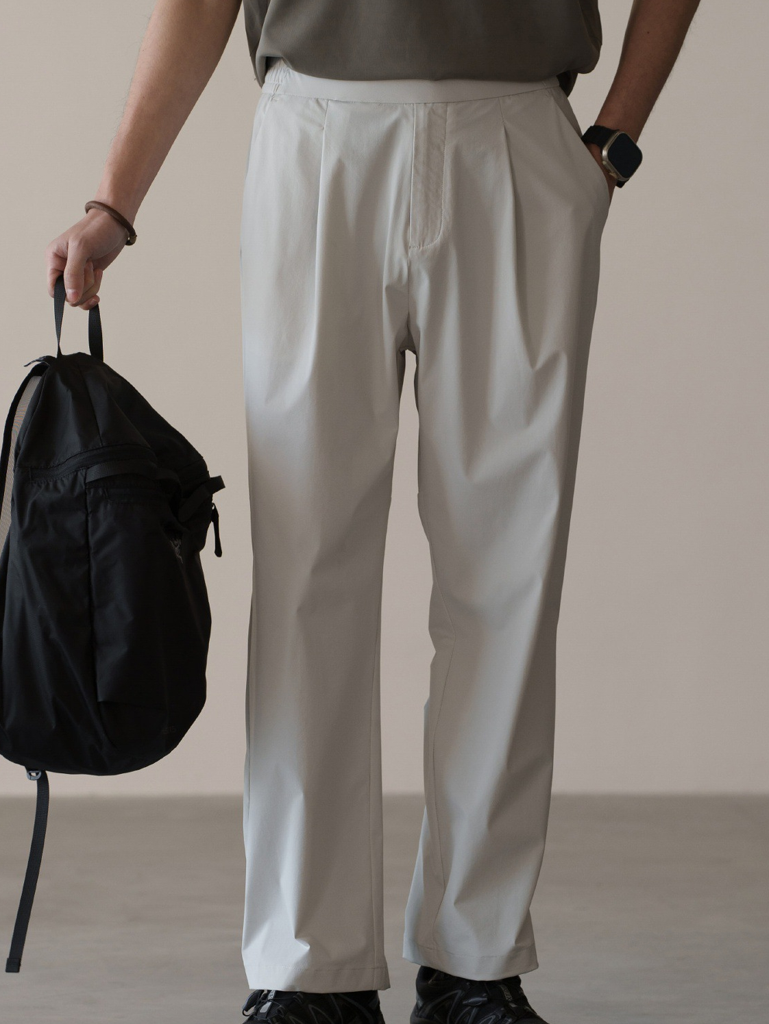 格雷系鬆緊腰雙褶耐磨休閒褲男春季易打理新款寬鬆直筒闊腿褲