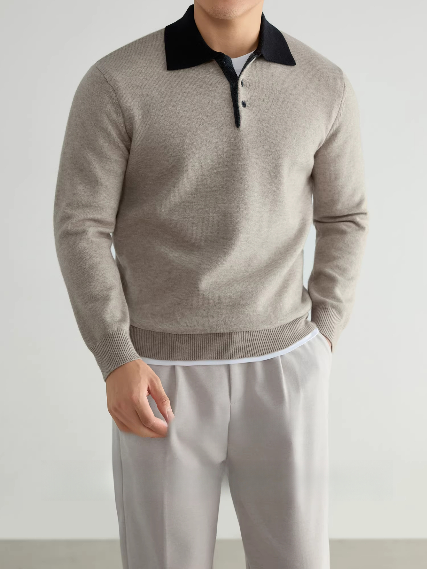 【抗起球】美式翻領撞色商務休閒毛衣男士通勤長袖針織衫