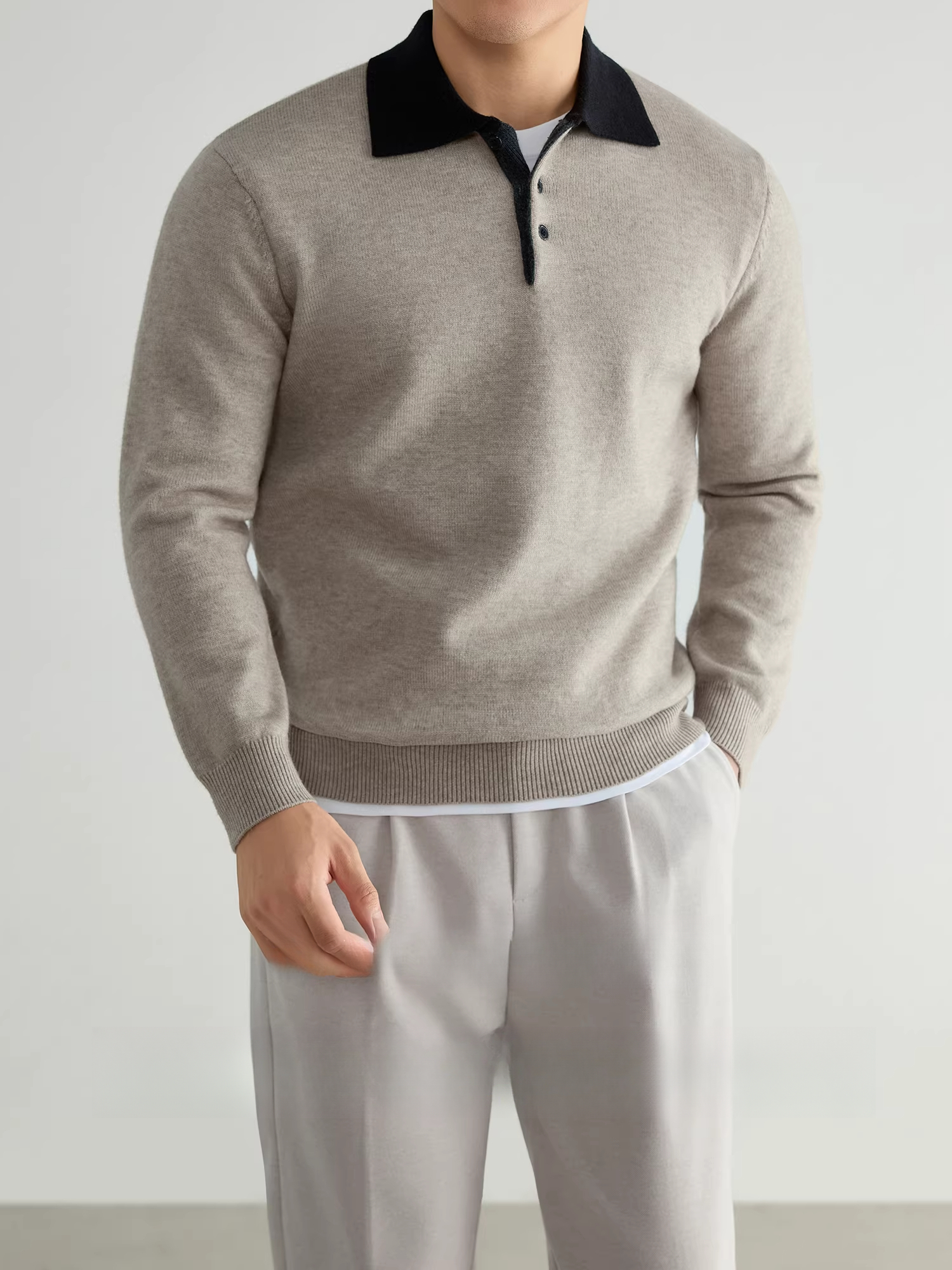 【抗起球】美式翻領撞色商務休閒毛衣男士通勤長袖針織衫