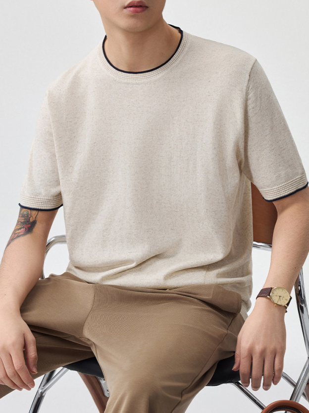 男士夏季薄款新款老錢風短袖T恤男針織衫圓領日系復古纯色短袖T恤