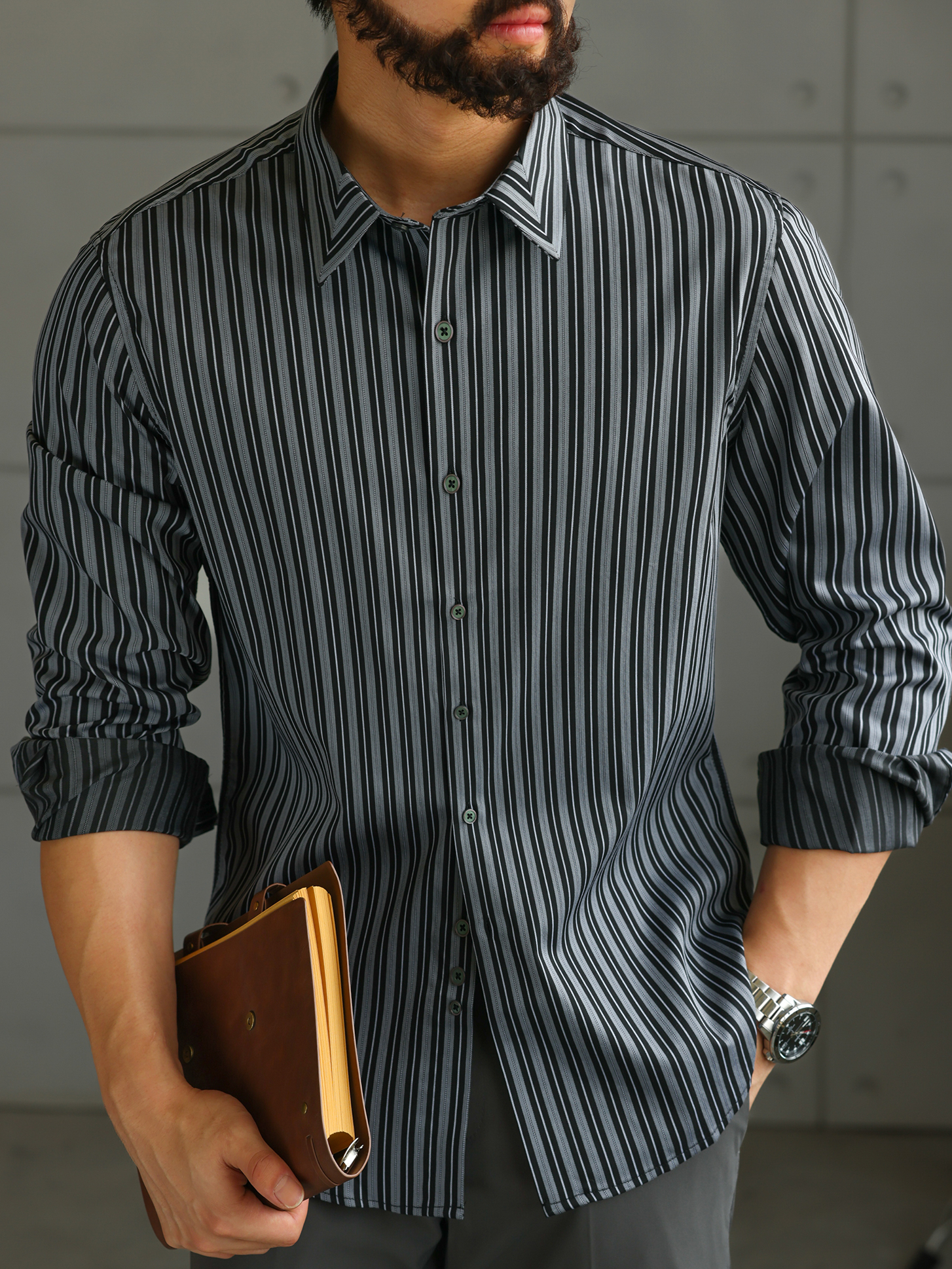 【紳士型格】高端商務莫代爾條紋襯衫男免燙休閒長袖襯衣