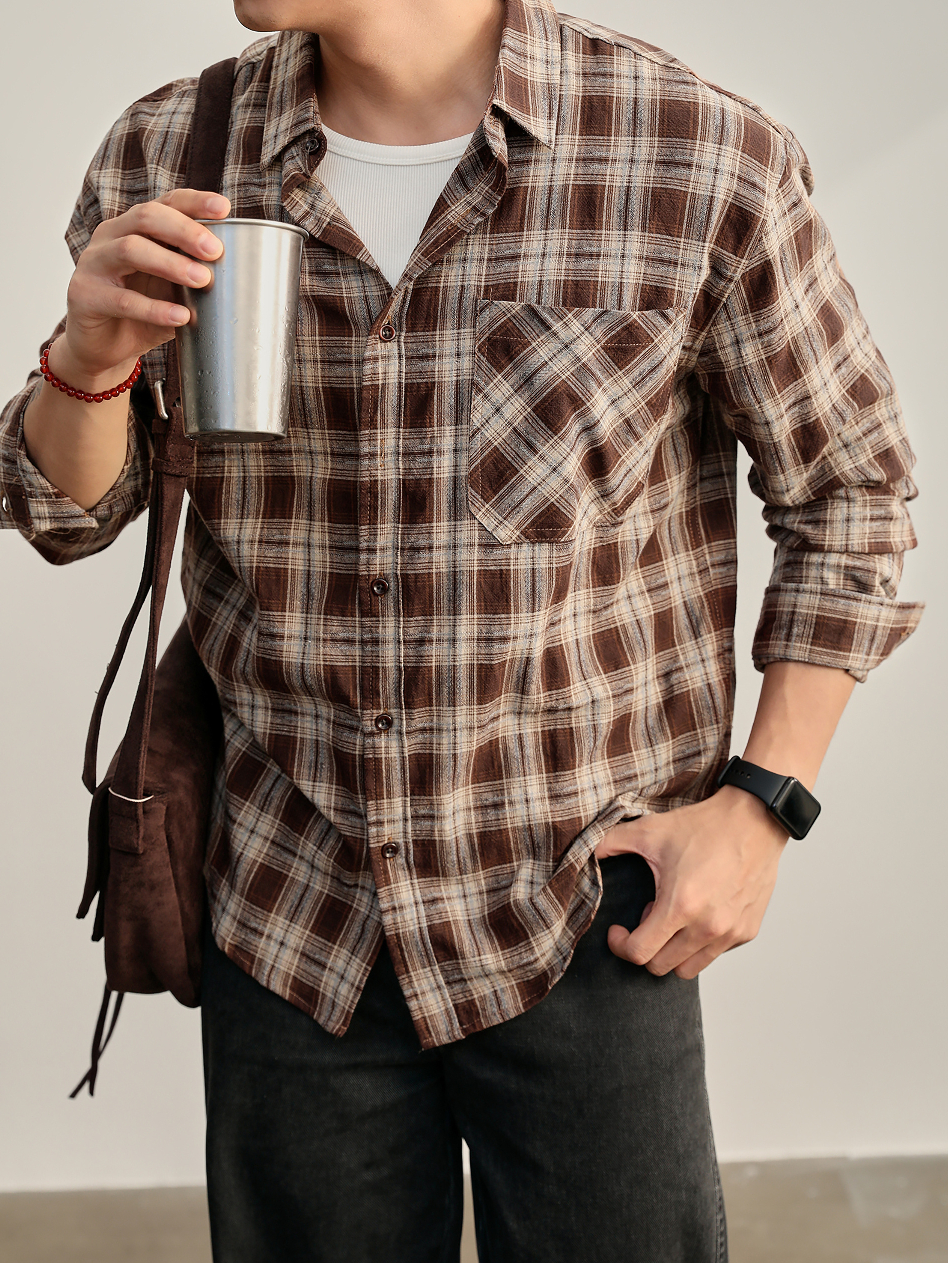 秋季美式復古長袖撞色格紋襯衫男士古着慵懶風100%純棉襯衣