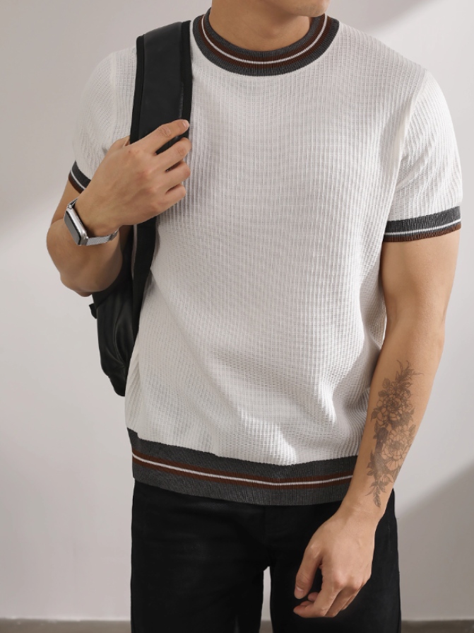 輕熟風氣質韓版短袖針織衫復古撞色條品質冰爽絲潮男T恤上衣