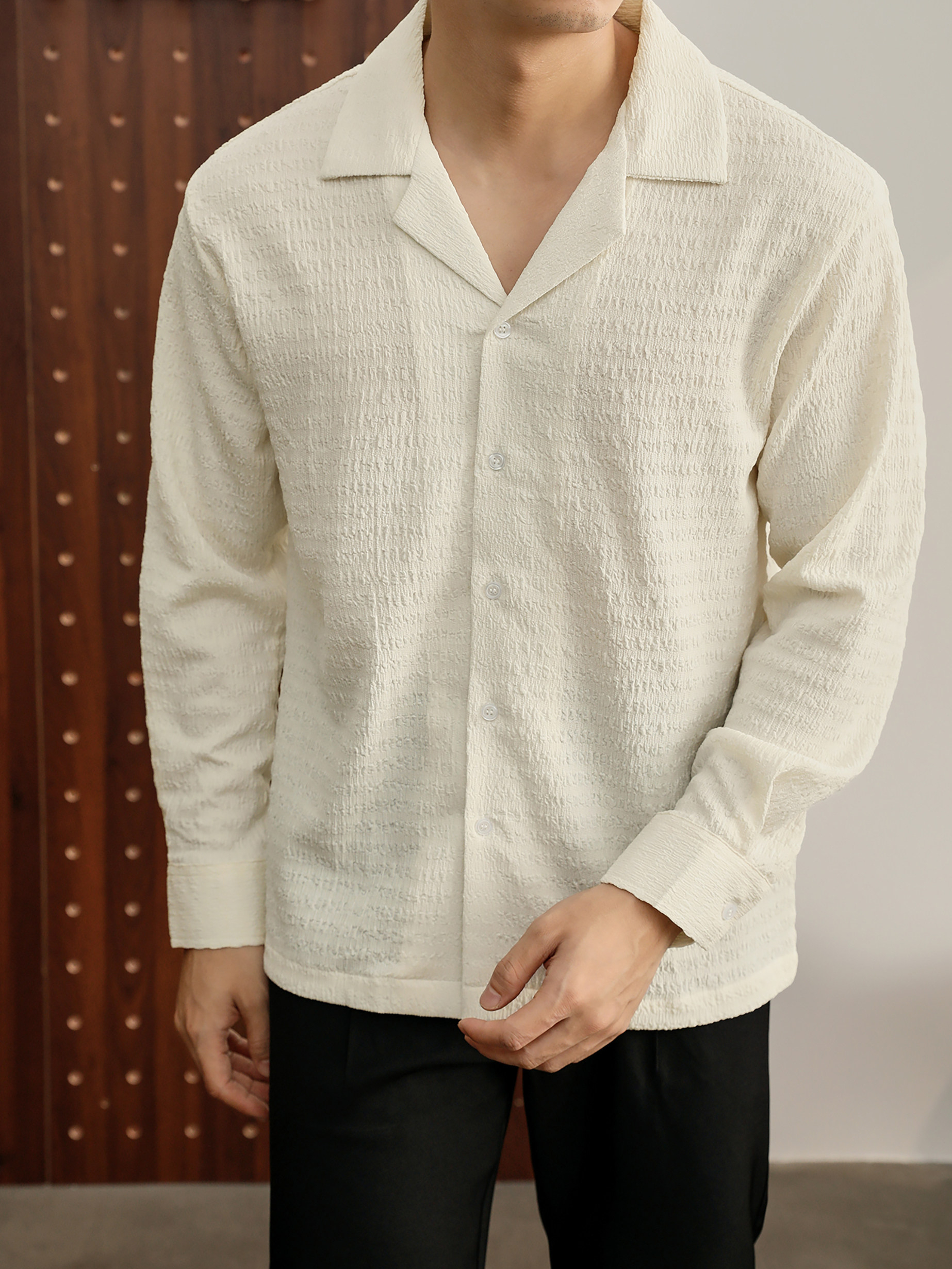 儒雅老錢風提花皺感古巴領長袖襯衫男泡泡紗肌理感襯衣