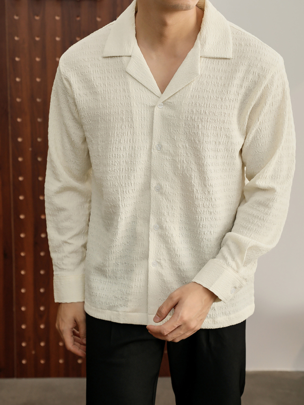 儒雅老錢風提花皺感古巴領長袖襯衫男泡泡紗肌理感襯衣