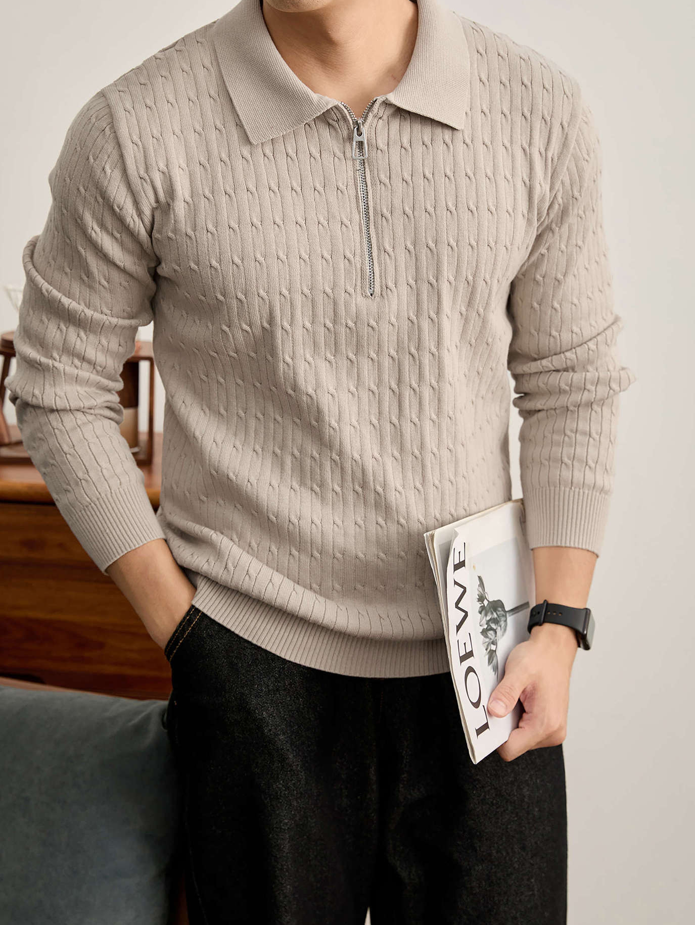 老錢風編織提花紋理長袖毛衣男秋冬修身半拉鍊POLO領針織衫