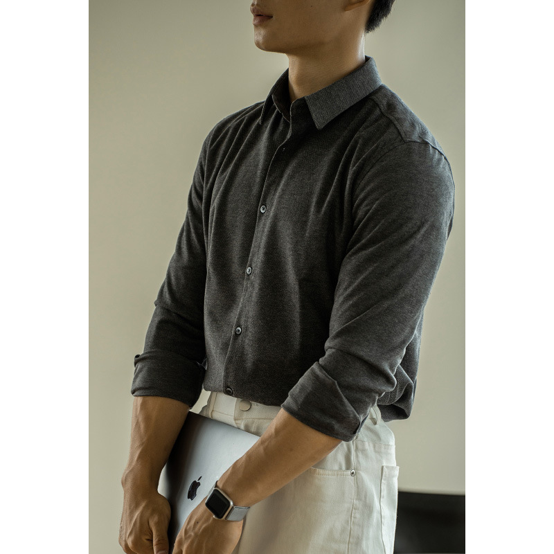 仿羊毛呢秋冬男士長袖襯衫商務休閒純色磨毛襯衣