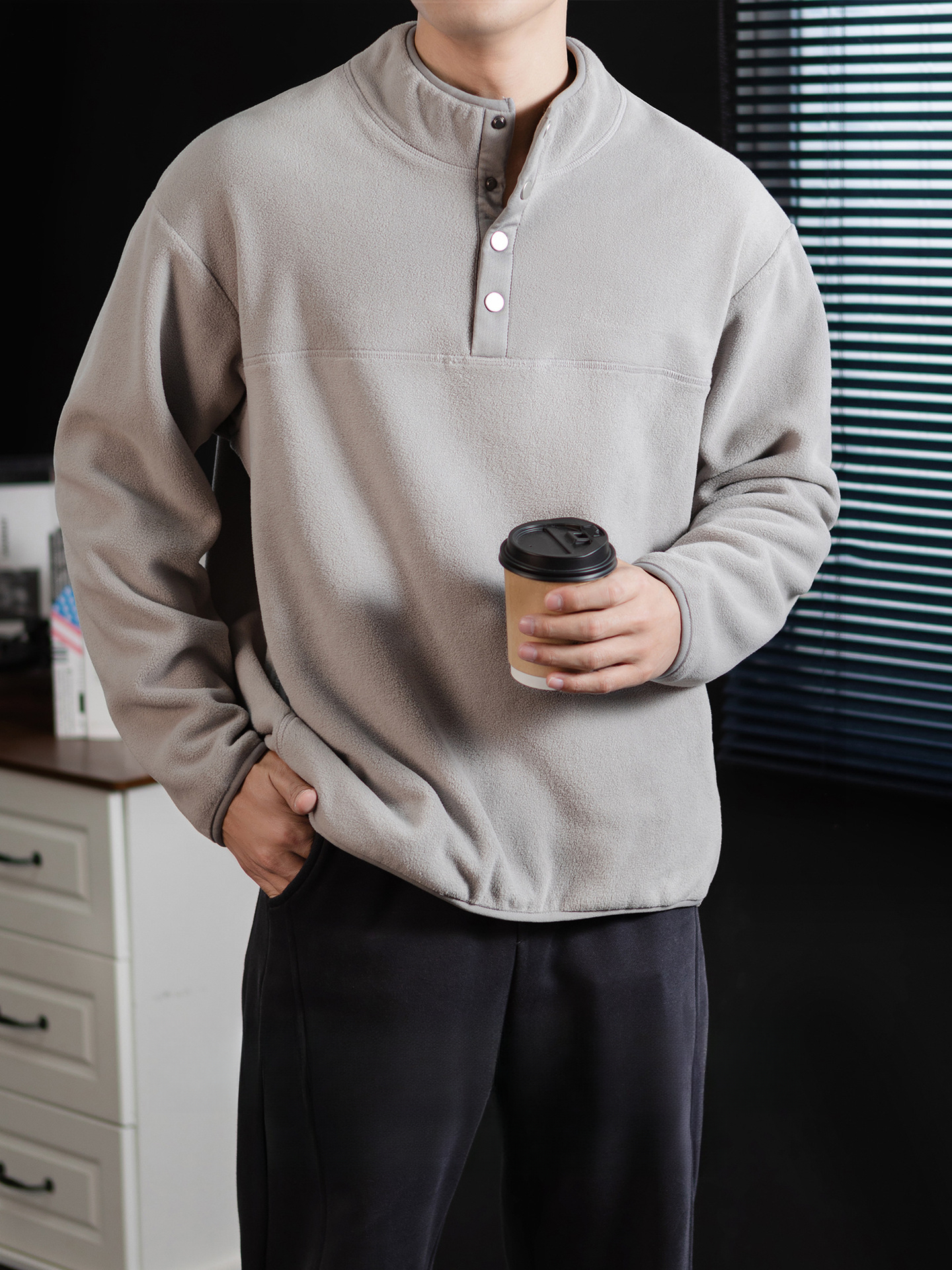 300G重磅搖粒絨半開襟亨利領衛衣男士高級感冬季保暖加絨加厚上衣