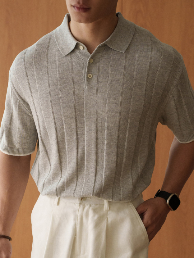 【旅行家系列】亞麻萊賽爾混紡鏤空針織polo衫男2026春季短袖T恤