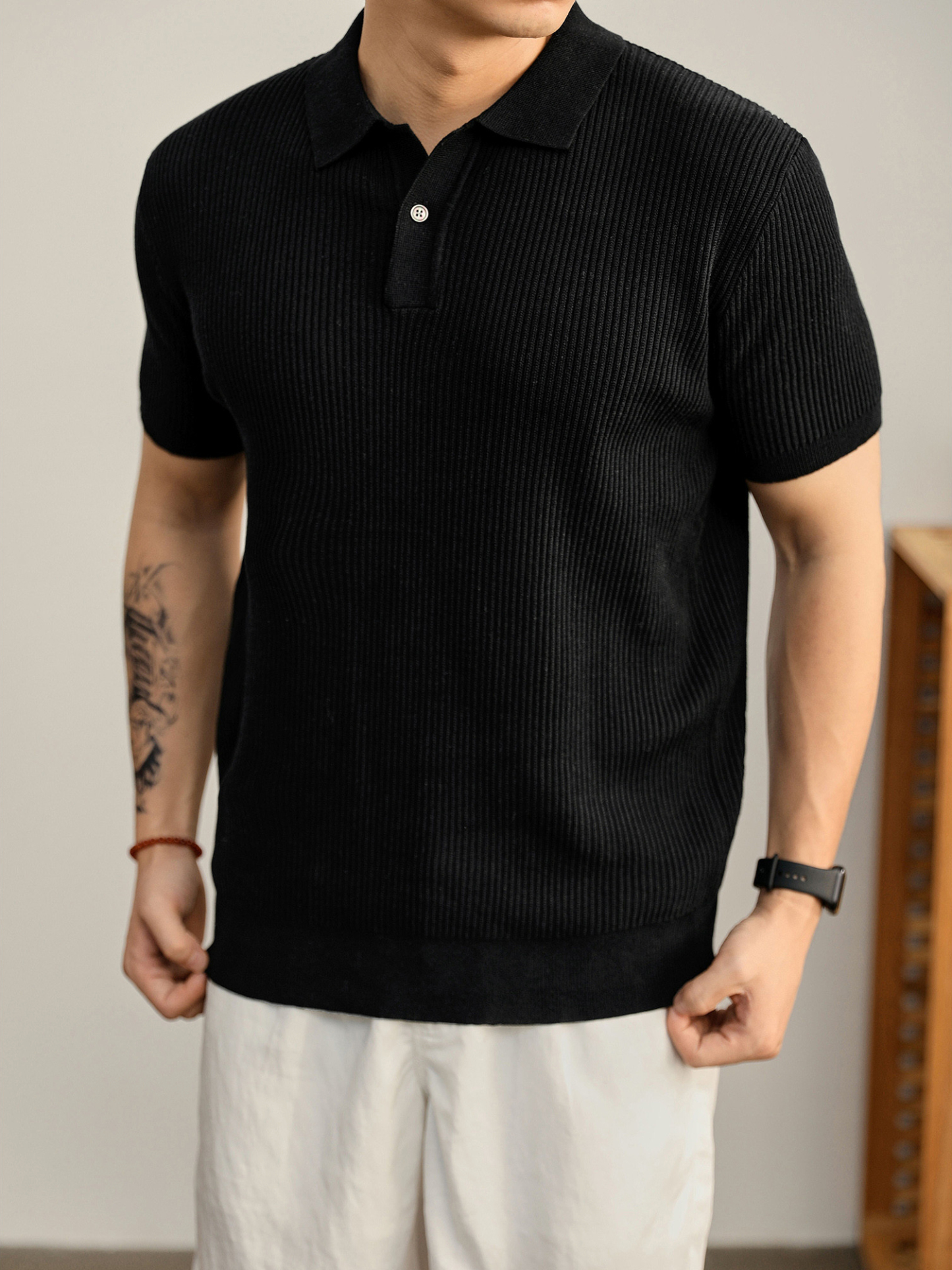 老錢輕熟風夏季涼感坑條肌理感針織POLO衫男士半拉鍊翻領T恤