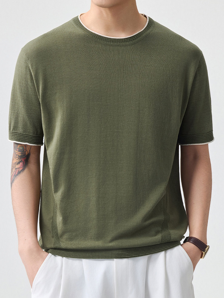 男士夏季薄款新款老錢風短袖T恤男針織衫圓領日系復古纯色短袖T恤