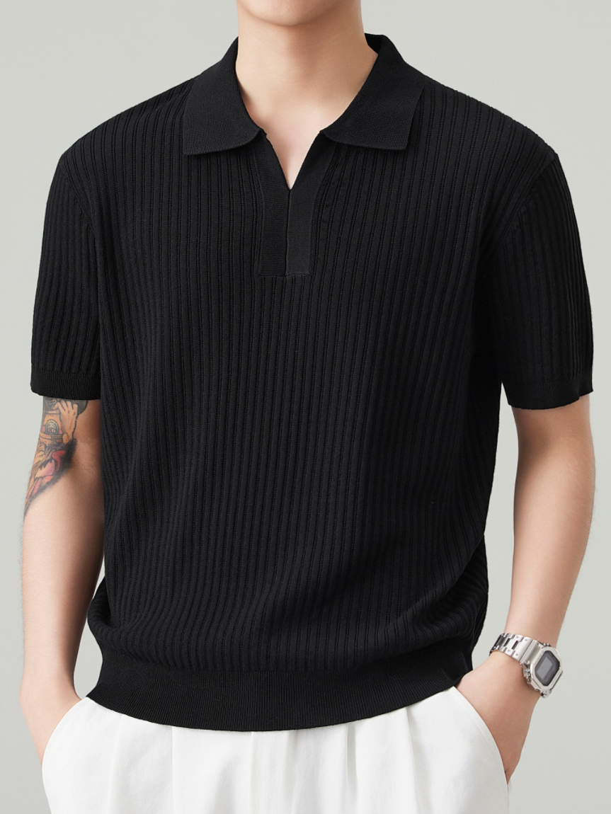 【可機洗亞麻】高端坑條紋理亞麻混紡老錢翻領POLO衫針織短袖T恤