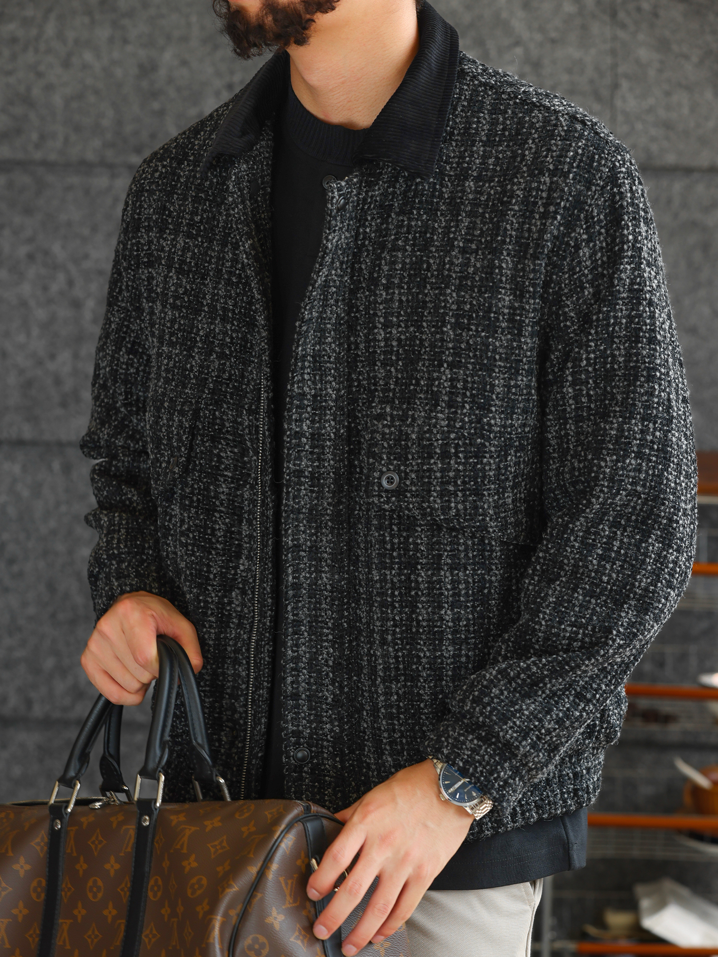 【羊毛工坊】高定花紗面料羊毛質感夾克男士休閒毛呢外套