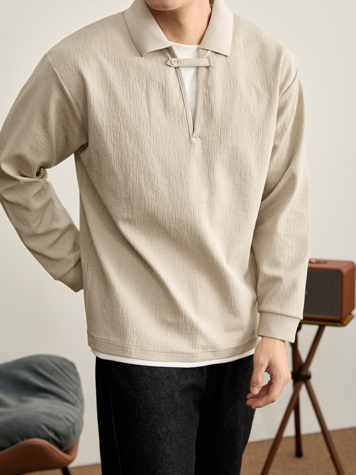 假兩件紐扣拼接帶V型POLO領長袖男士微皺泡泡肌理感針織衛衣