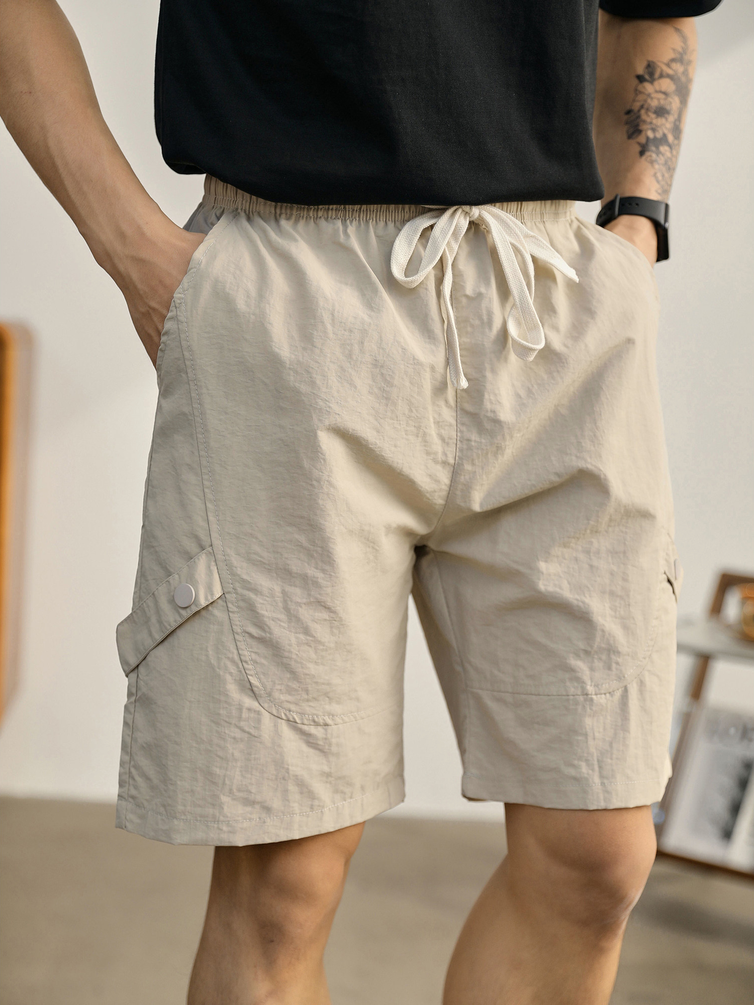 薄款褶皱肌理速干伞兵短裤男士夏季户外工装宽松运动中筒裤